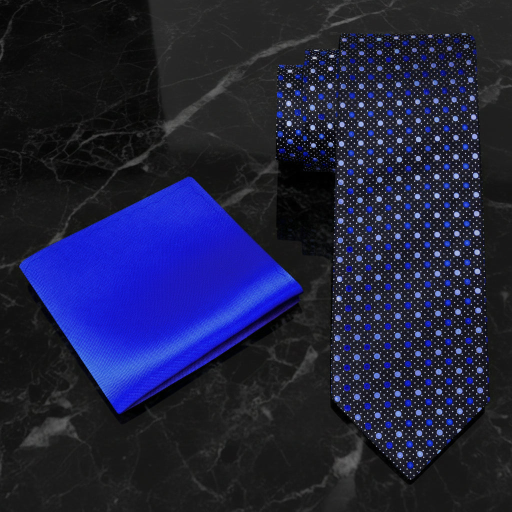 Alt View: A Black, Blue, Light Grey Dots Pattern Necktie, Blue Pocket Square