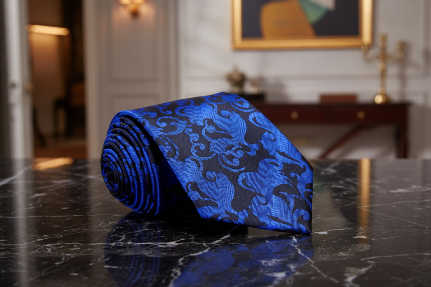 A Black, Blue Vine Floral Pattern Necktie 