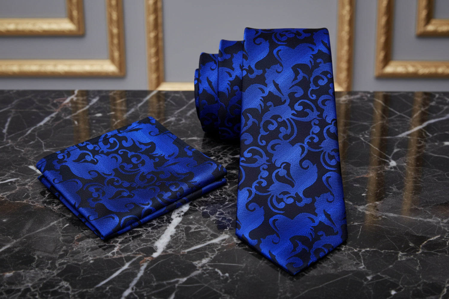 Alt View: A Black, Blue Vine Floral Pattern Necktie, Matching Pocket Square