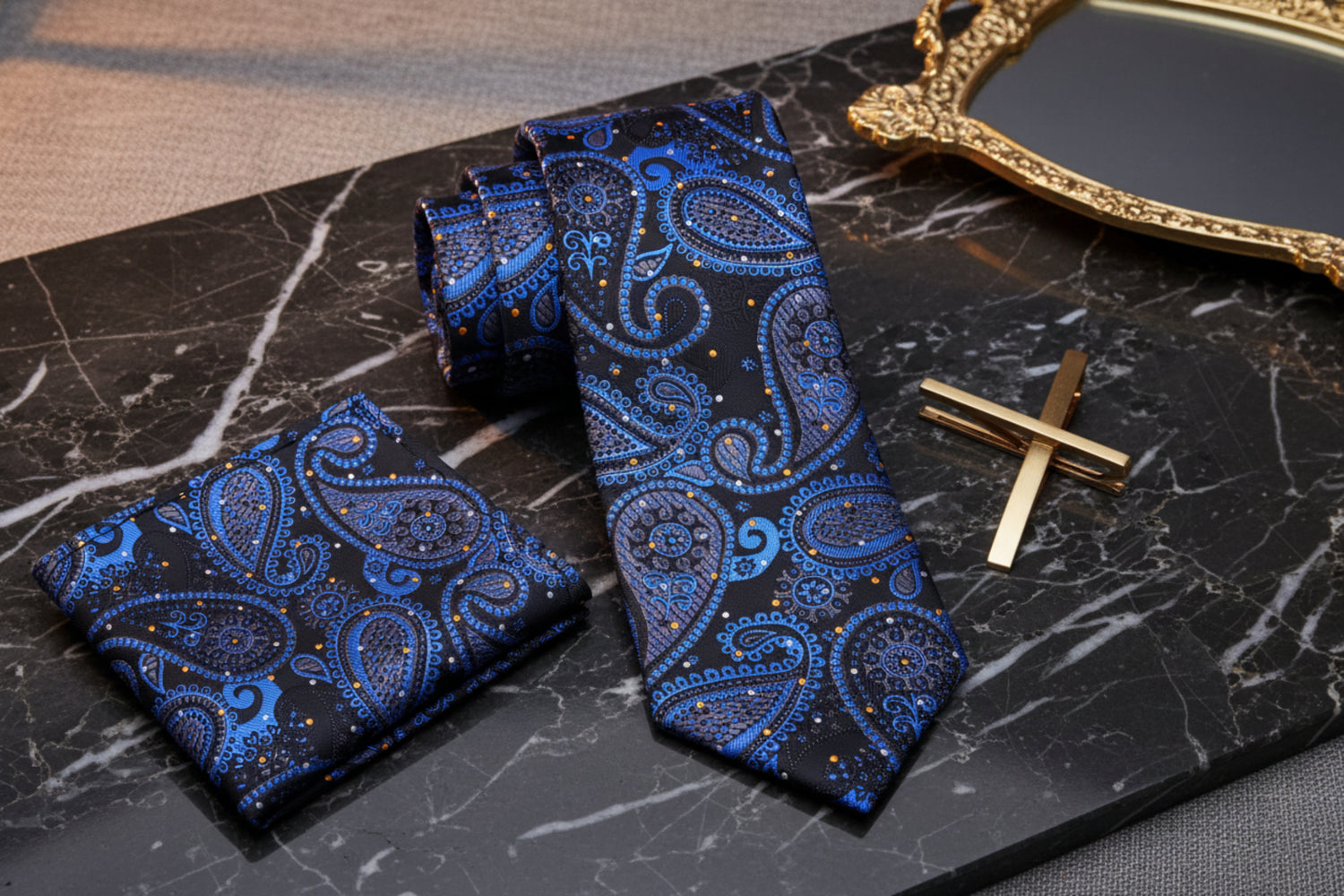 Alt View: Black, Blue Paisley Tie and Pocket Square
