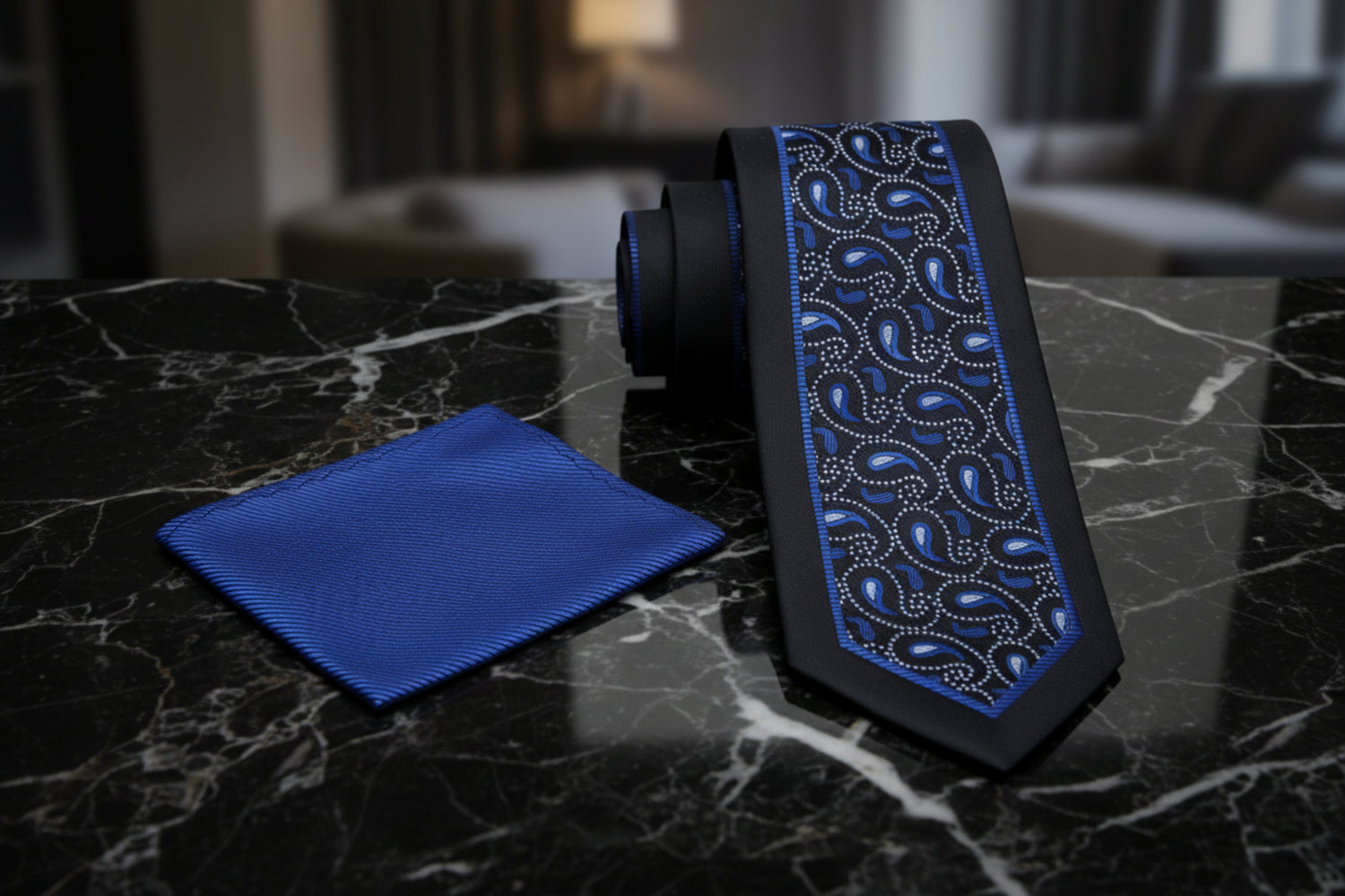 View 2: Black, Blue Paisley Tie and Square