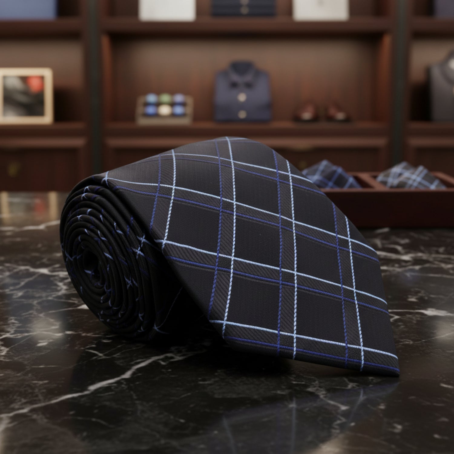 A Black, Blue, White Plaid Pattern Necktie 