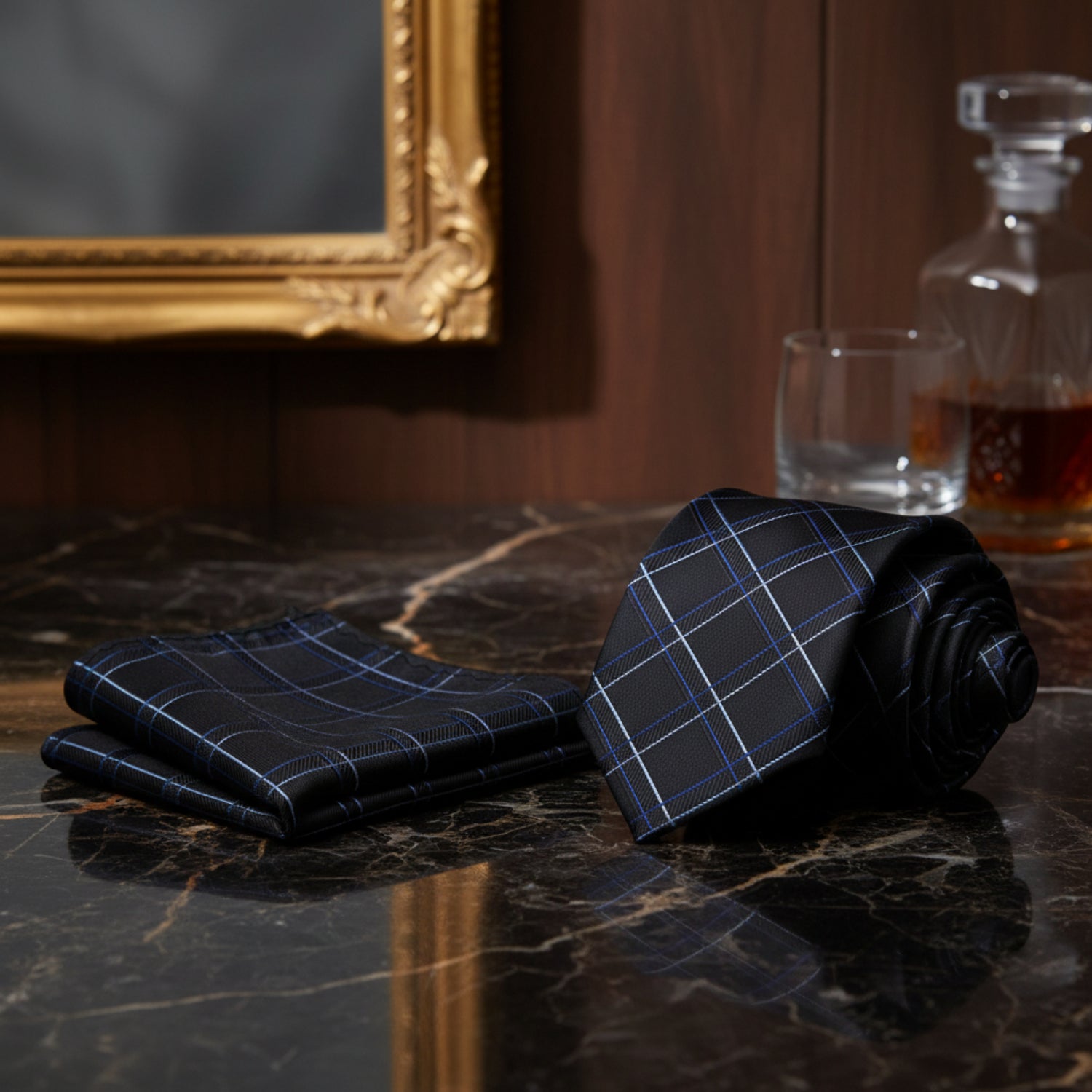 Alt View: A Black, Blue, White Plaid Pattern Silk Necktie, Matching Pocket Square