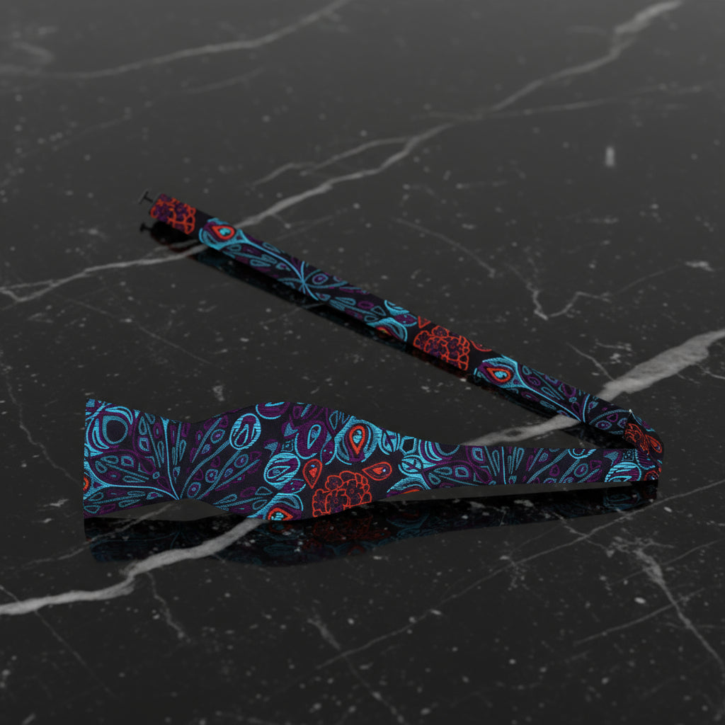 A Dark Blue, Purple, Orange Abstract Peacock Feather Pattern Self Tie Bow Tie Untied
