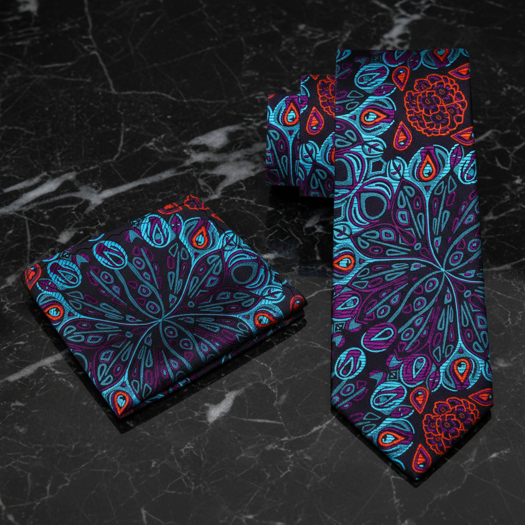 Alt View: A Teal, Orange, Purple Abstract Peacock Feather Pattern Necktie, Matching Pocket Square