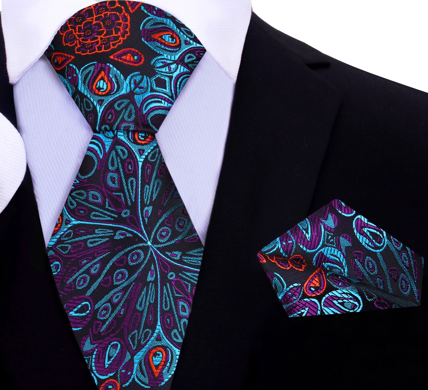 A Teal, Orange, Purple Abstract Peacock Feather Pattern Necktie, Matching Pocket Square