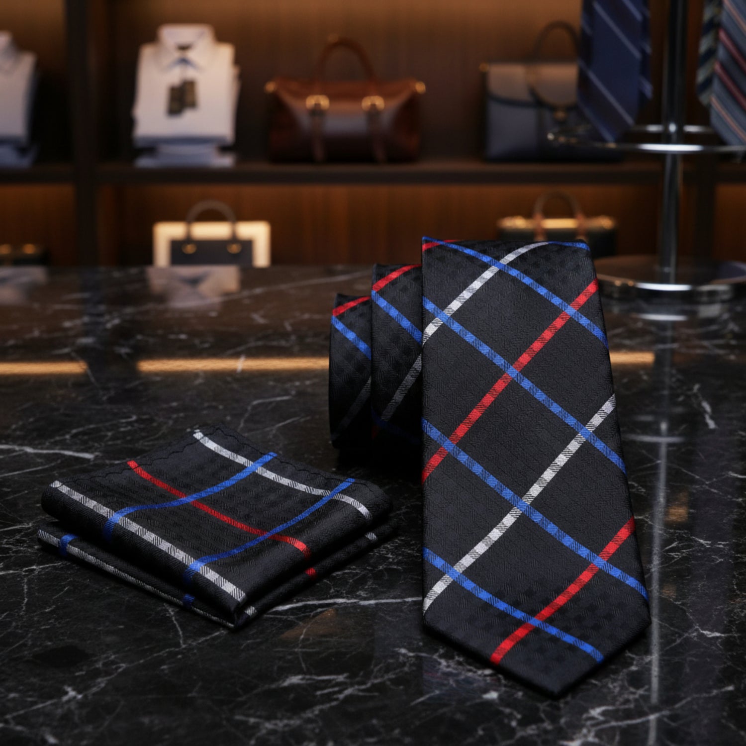 Alt view: A Black, White, Blue, Red With Geometric Diamond Pattern And Small Checks Pattern Necktie With Matching Pocket Square