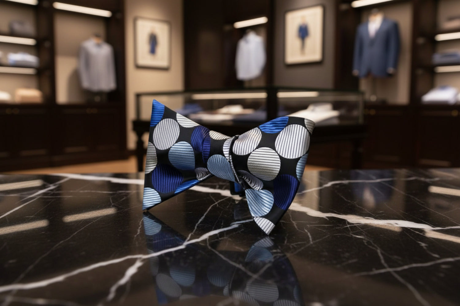 A Black, Blue, Silver Large Polka Pattern Self Tie Bow Tie 