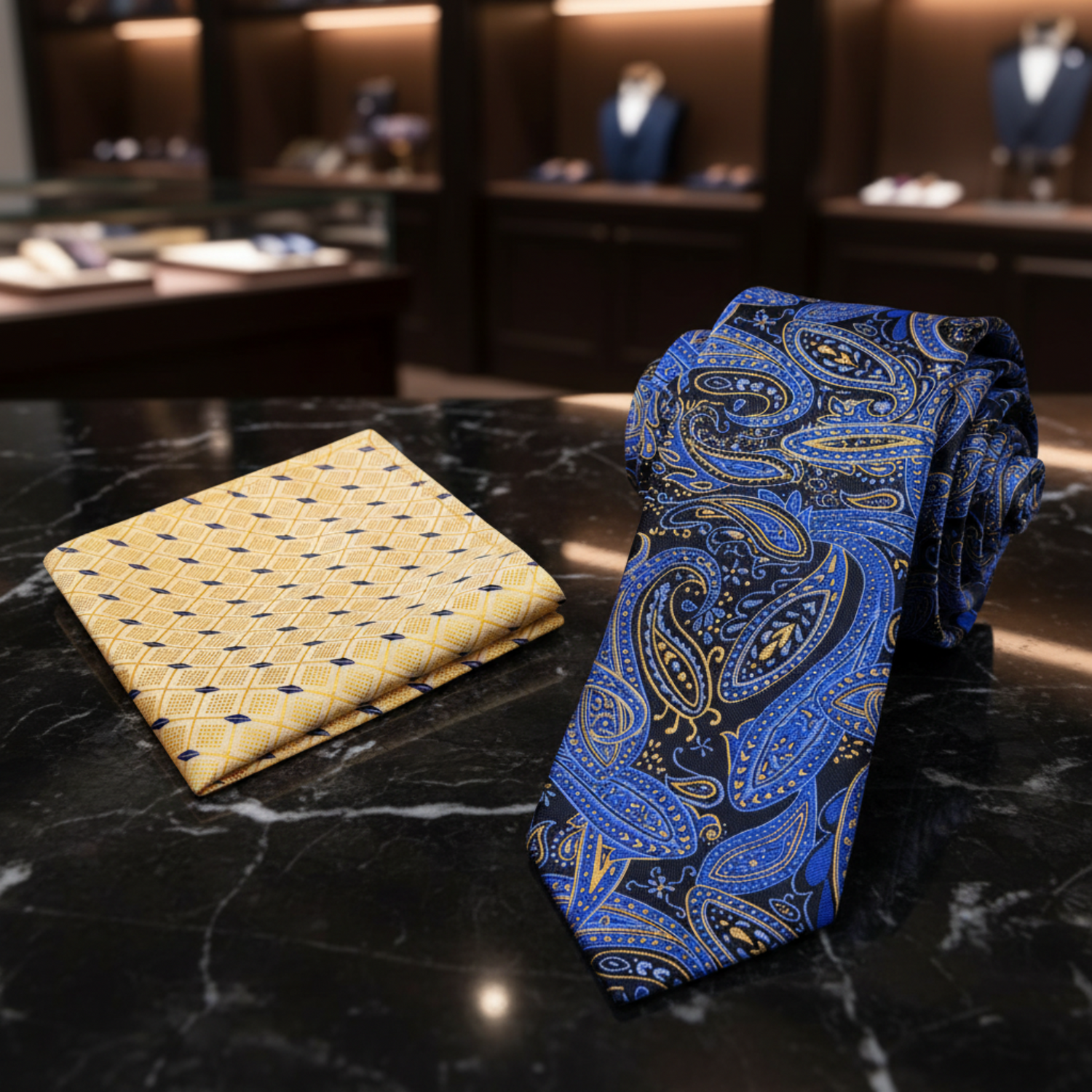 Alt View Black, Blue, Yellow Paisley Tie and Accenting Yellow Pocket Square
