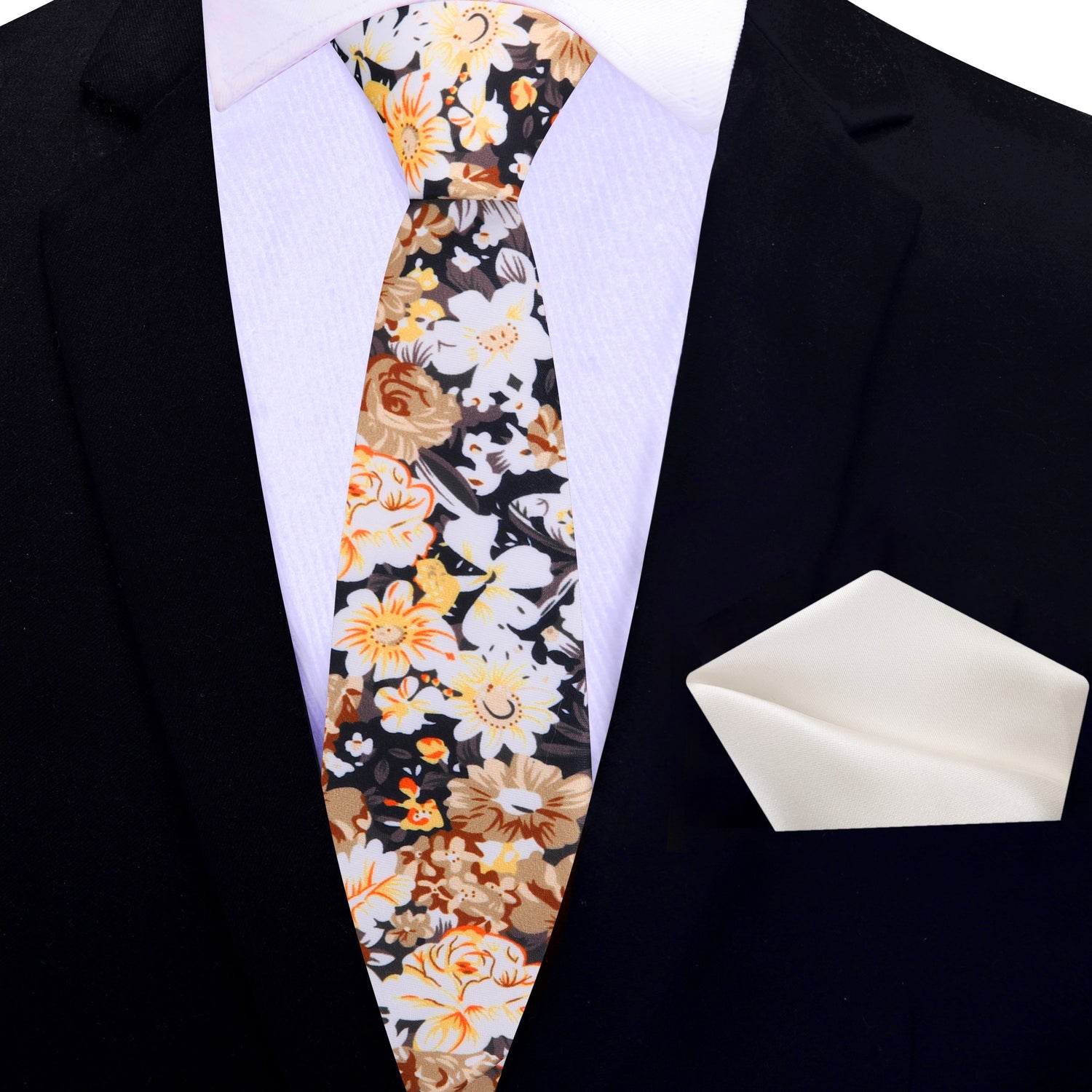 Thin Tie: Black, White, Brown, Orange Flowers Necktie with Off White Square