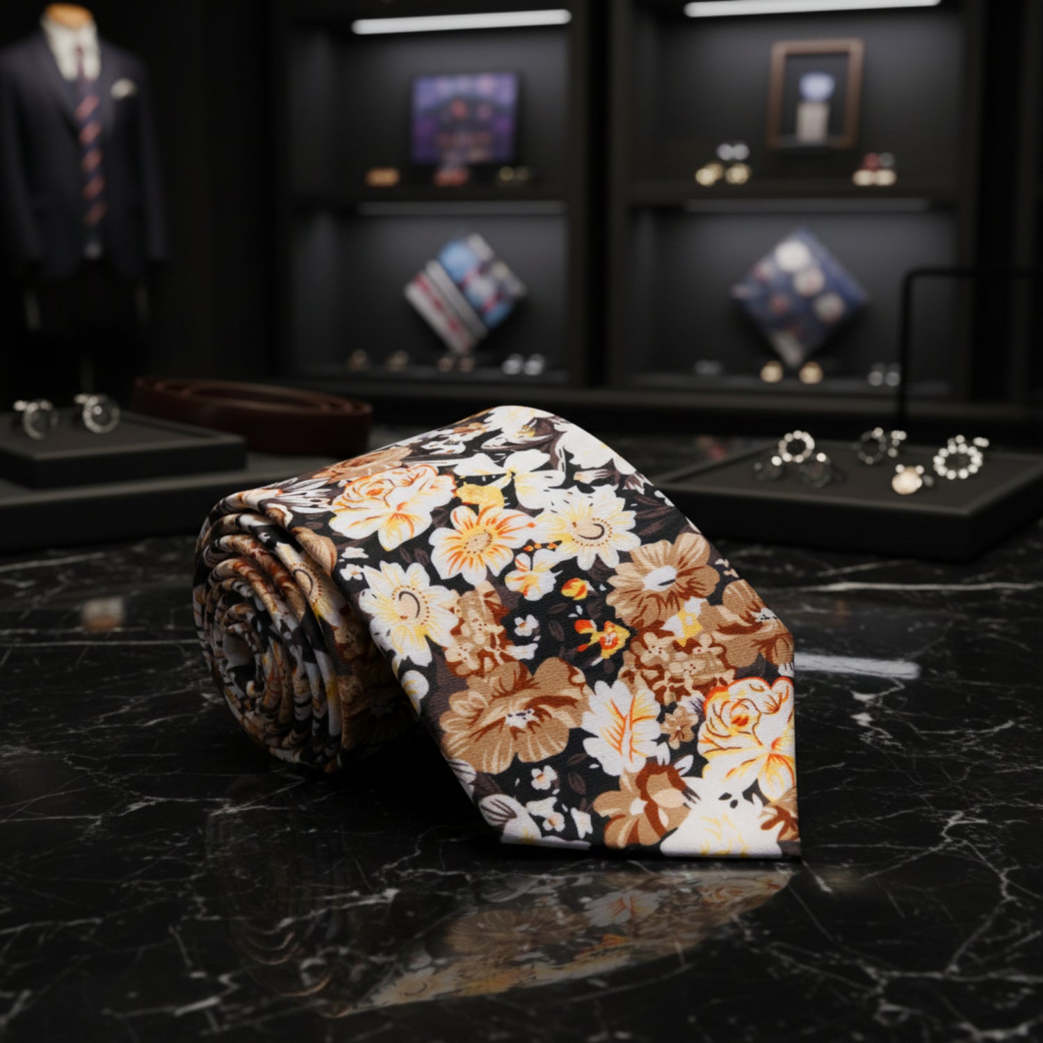 Black, White, Brown, Orange Flowers Necktie 