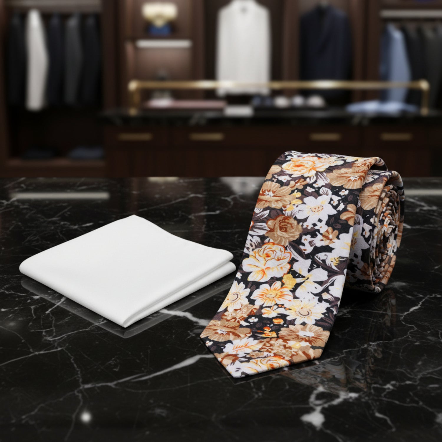 Alt View: Black, White, Brown, Orange Flowers Necktie with Off White Square