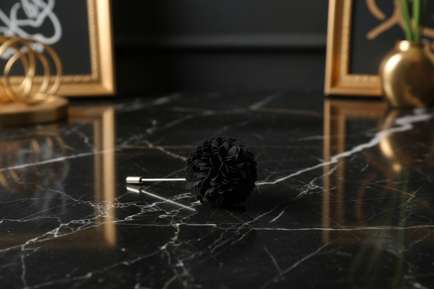 Main View: A Solid Black Colored Thin Petal Lapel Flower Burst