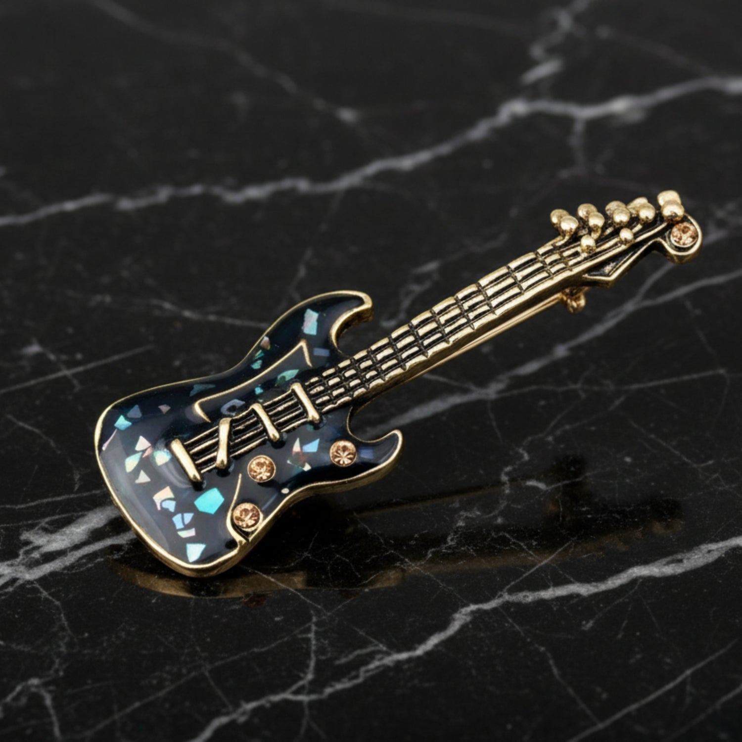 Main View: A Black with Stones Guitar Lapel Pin