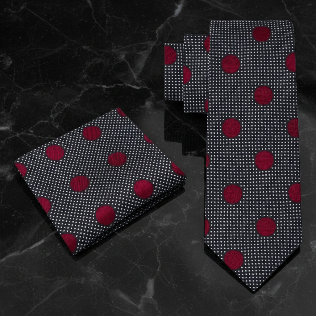 Black, Deep Red Polka Tie and Pocket Square