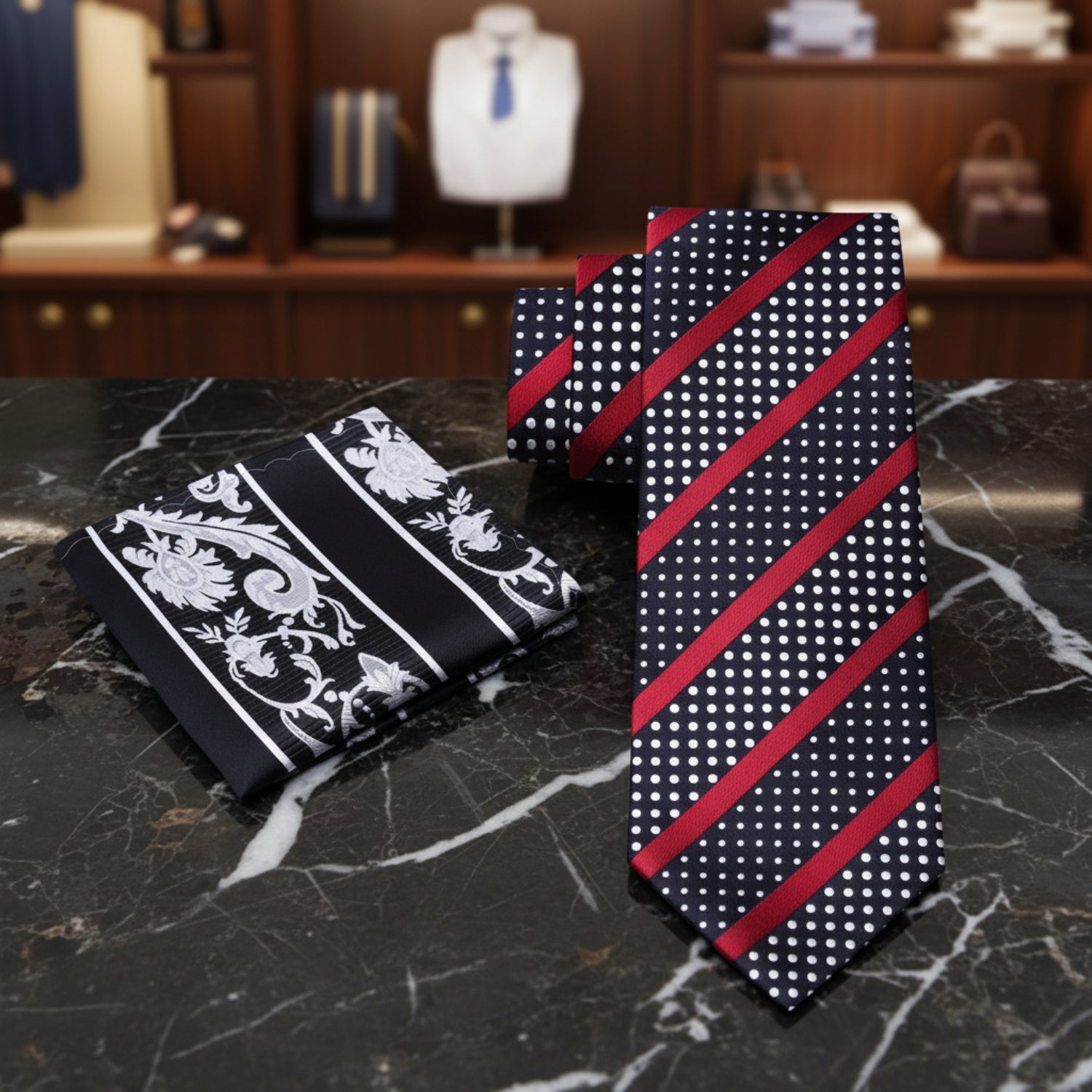 Alt view: Black, Red, White with Stripes and Dots Tie Tie with Accenting Black, Grey Paisley Square