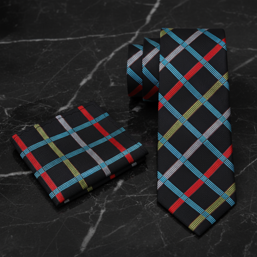 Alt View: Black, Grey, Red, Yellow and Light Blue Geometric Tie and Pocket Square