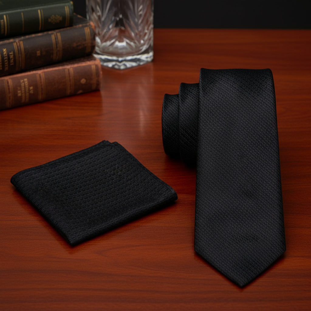 Alt View: A Solid Black Tie With Small Check Texture Pattern Necktie With Matching Pocket Square