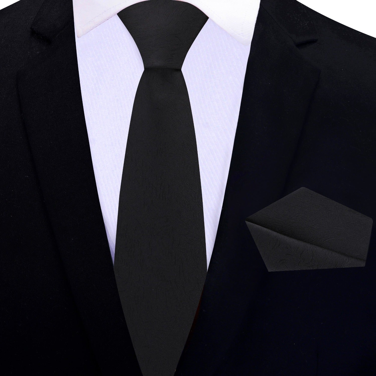 Thin Tie: Midnight Black Solid with Abstract Lines Silk Necktie and Pocket Square