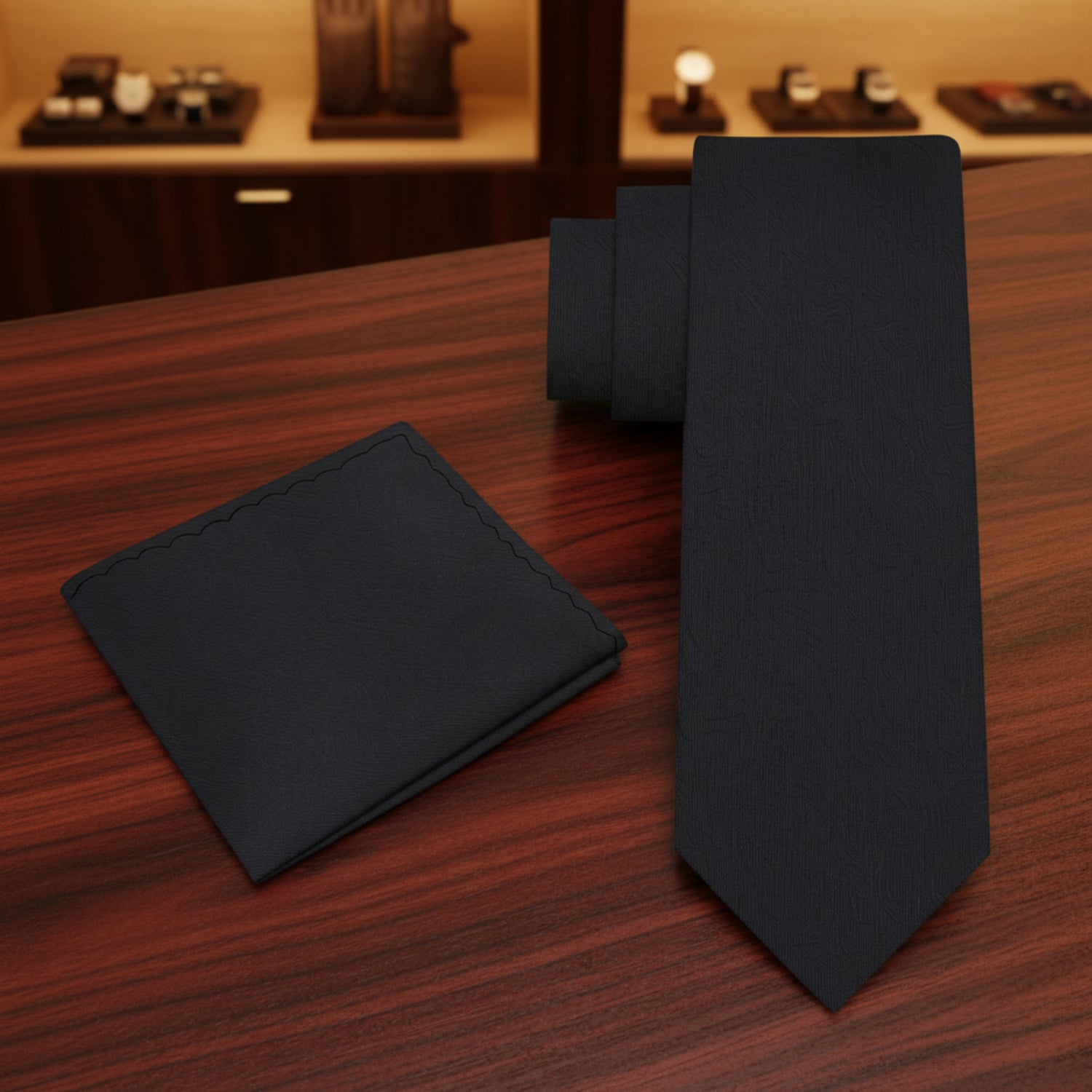 Alt View: Midnight Black Solid with Abstract Lines Silk Necktie and Pocket Square