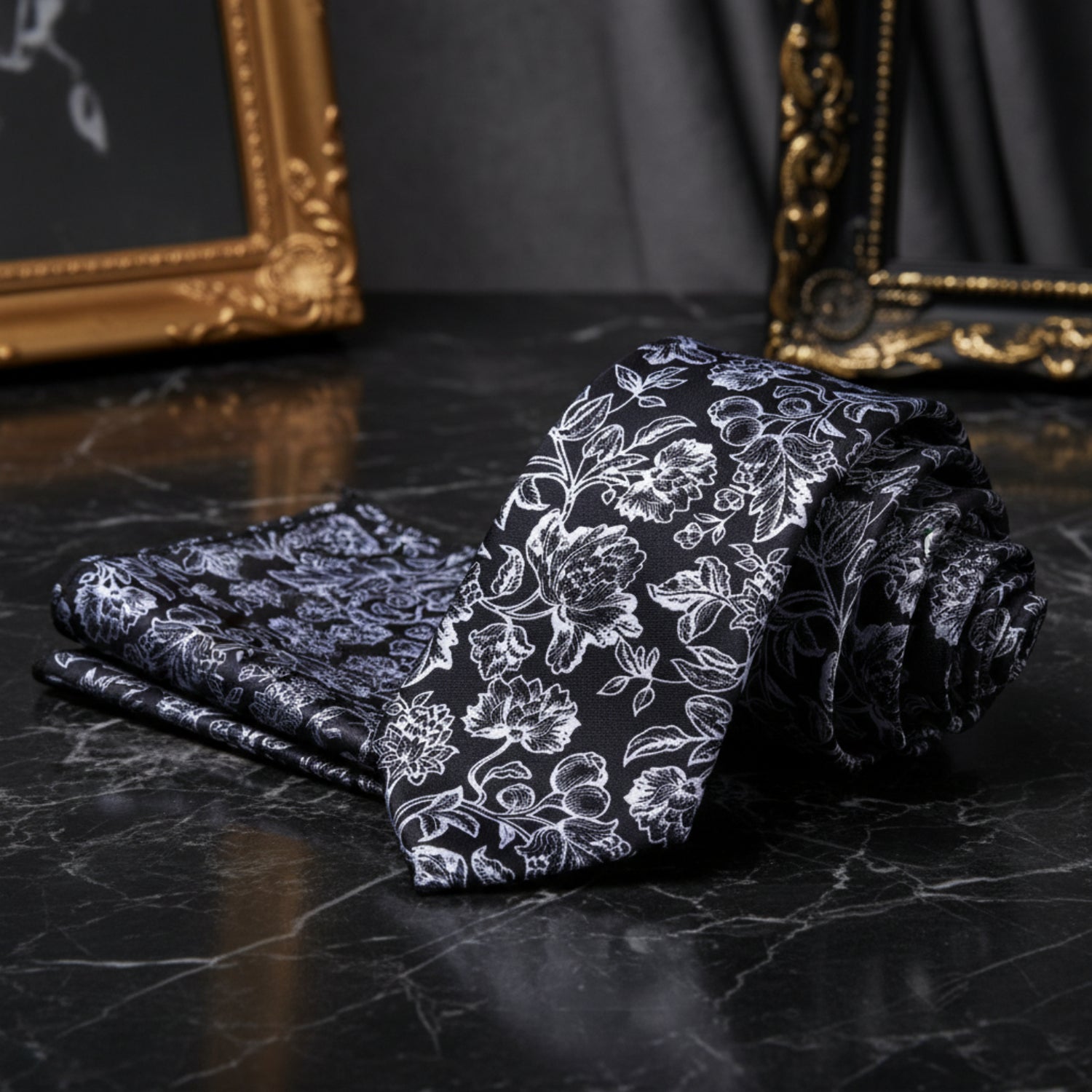 Black, Light Grey Filigree Floral Tie and Square 2