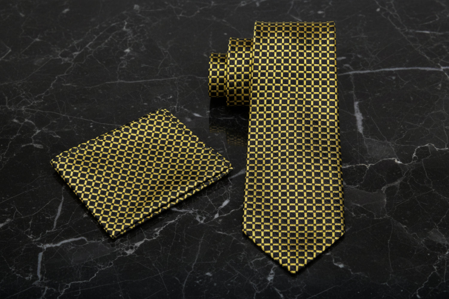 Alt view: A Black, Gold Small Geometric Check Pattern Necktie, Matching Pocket Square