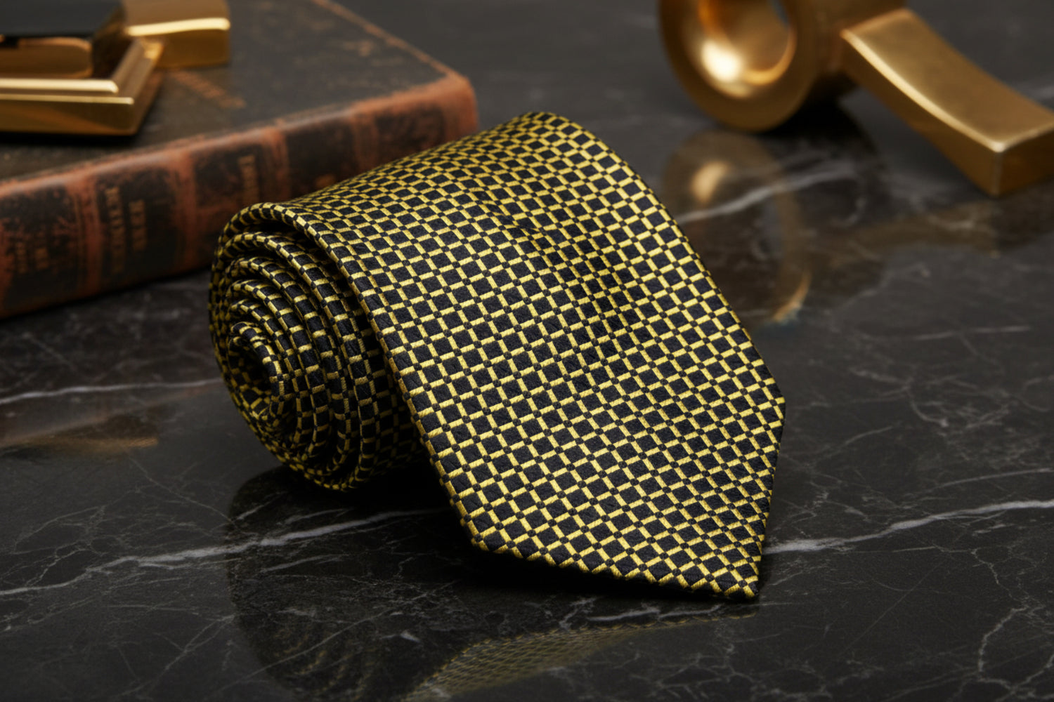 A Black, Gold Small Geometric Check Pattern Necktie