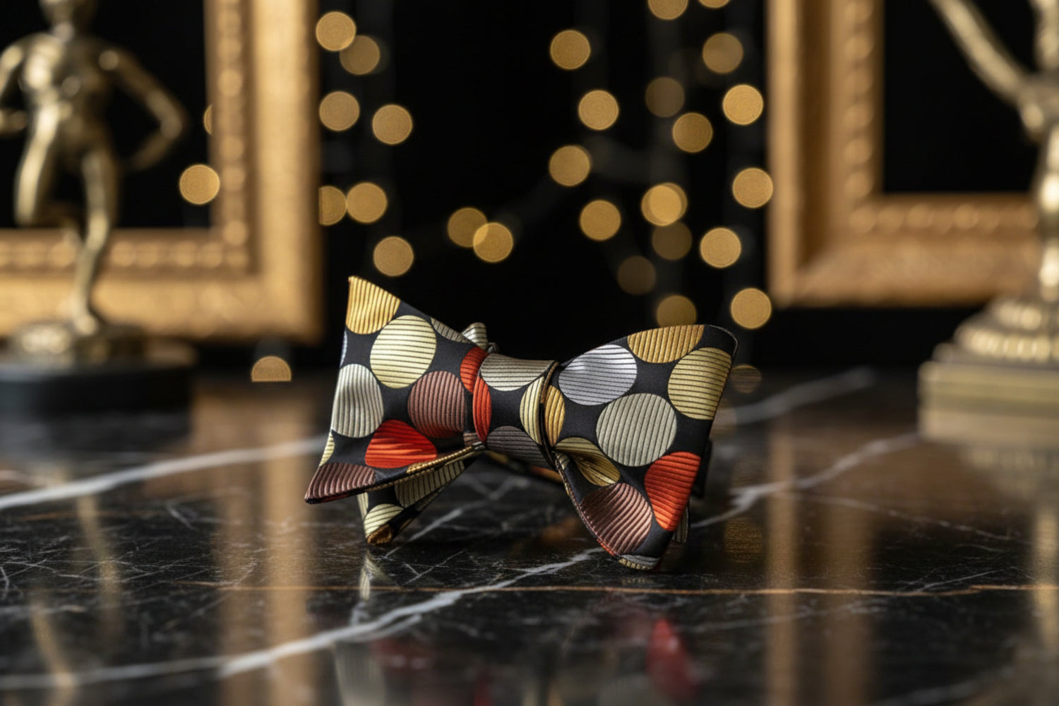 A Orange, Gold, Brown Large Polka Pattern Self Tie Bow Tie 