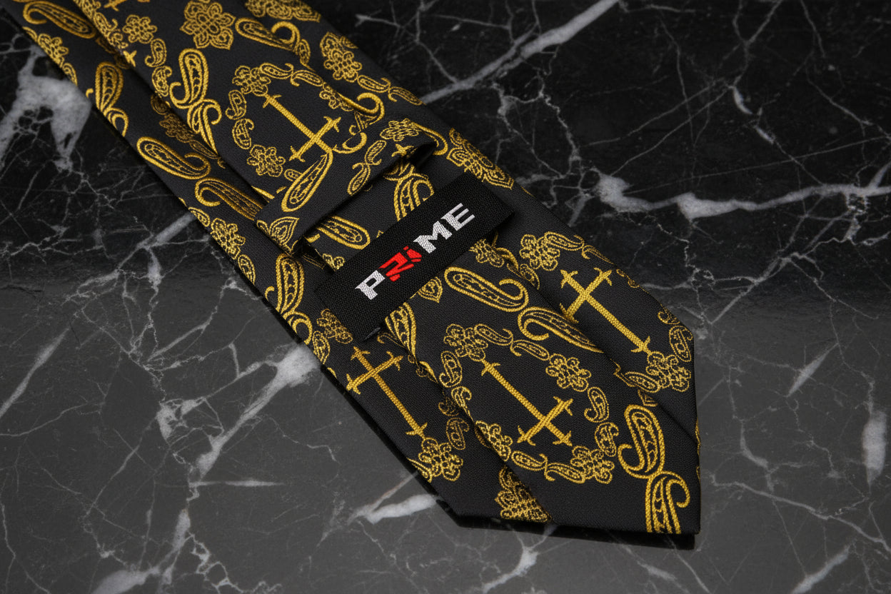 Black, Yellow Gold Paisley and Cross Necktie Keep
