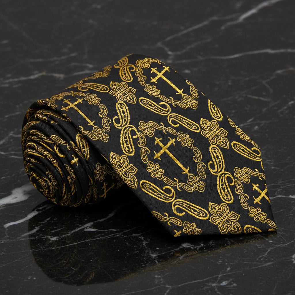 Black, Yellow Gold Paisley and Cross Necktie  