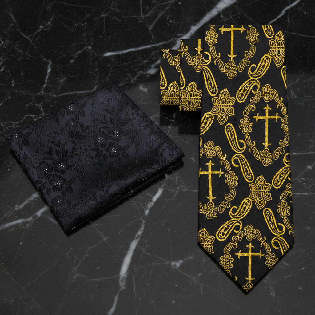 Alt View: Black, Yellow Gold Paisley and Cross Necktie with Black Rose Square