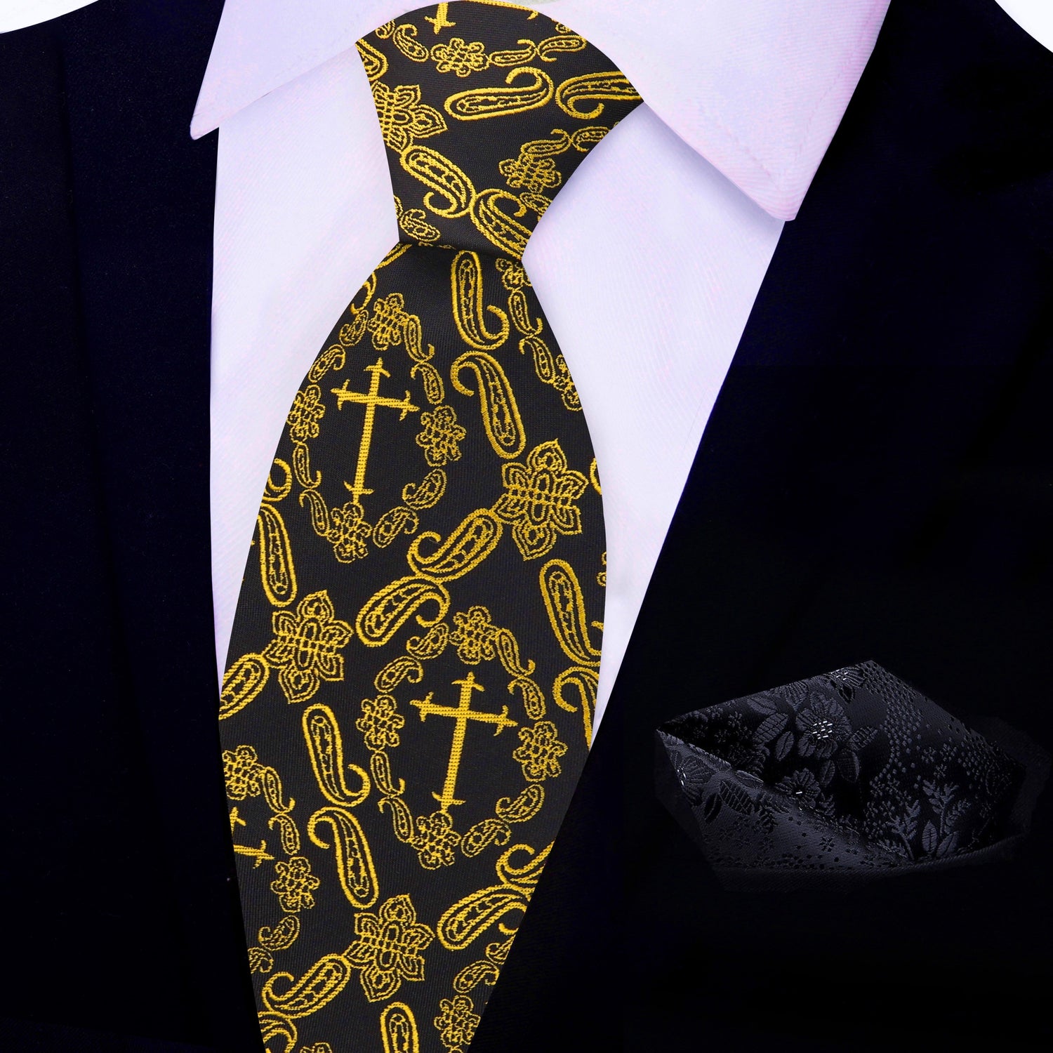 View 2: Black, Yellow Gold Paisley and Cross Necktie with Black Rose Square