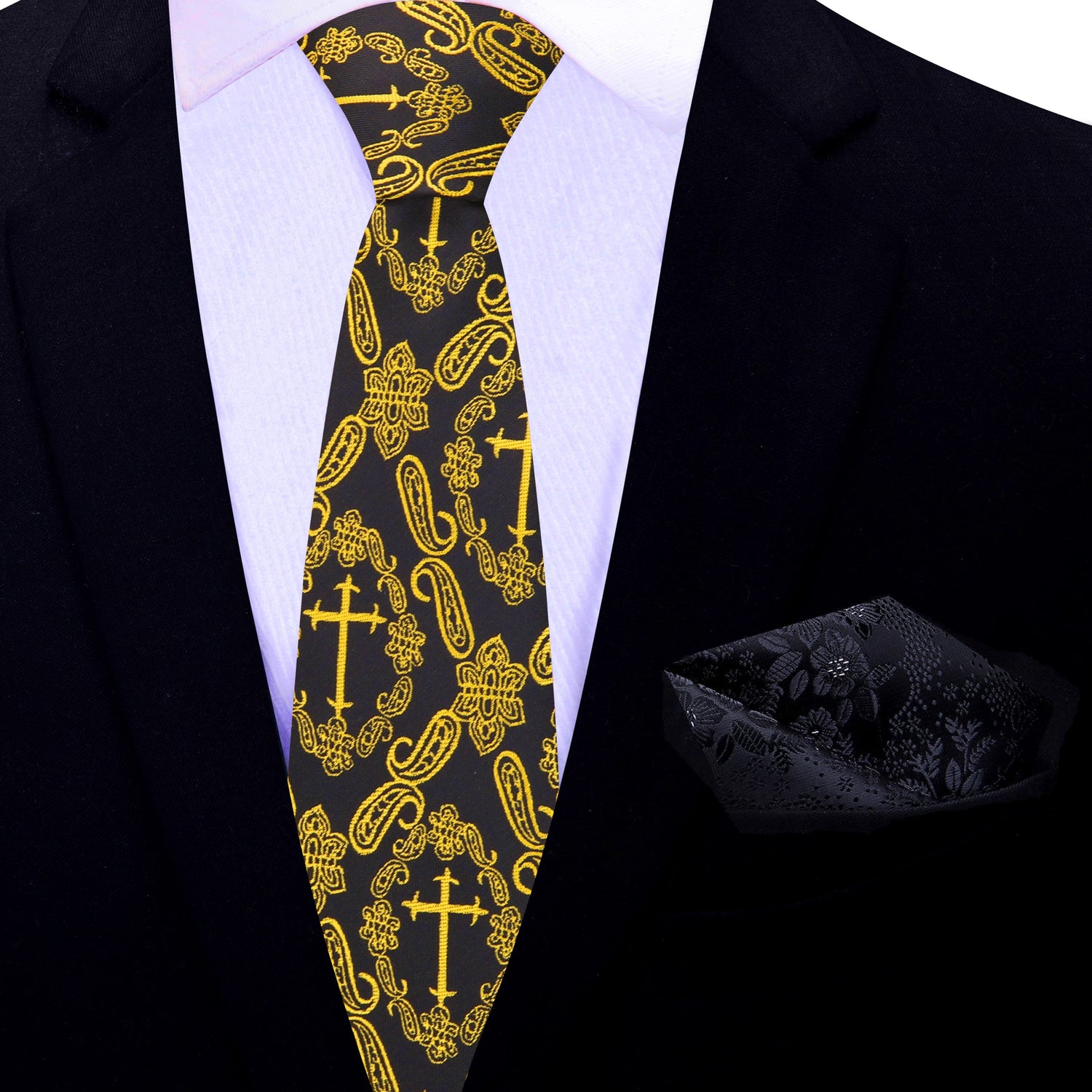 Thin Tie: Black, Yellow Gold Paisley and Cross Necktie with Black Rose Square