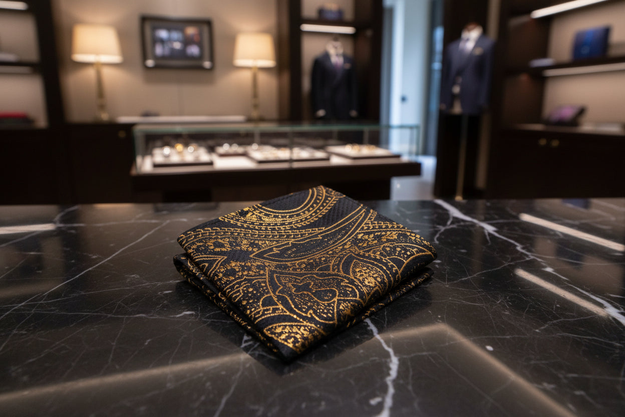 Black and gold paisley pocket square