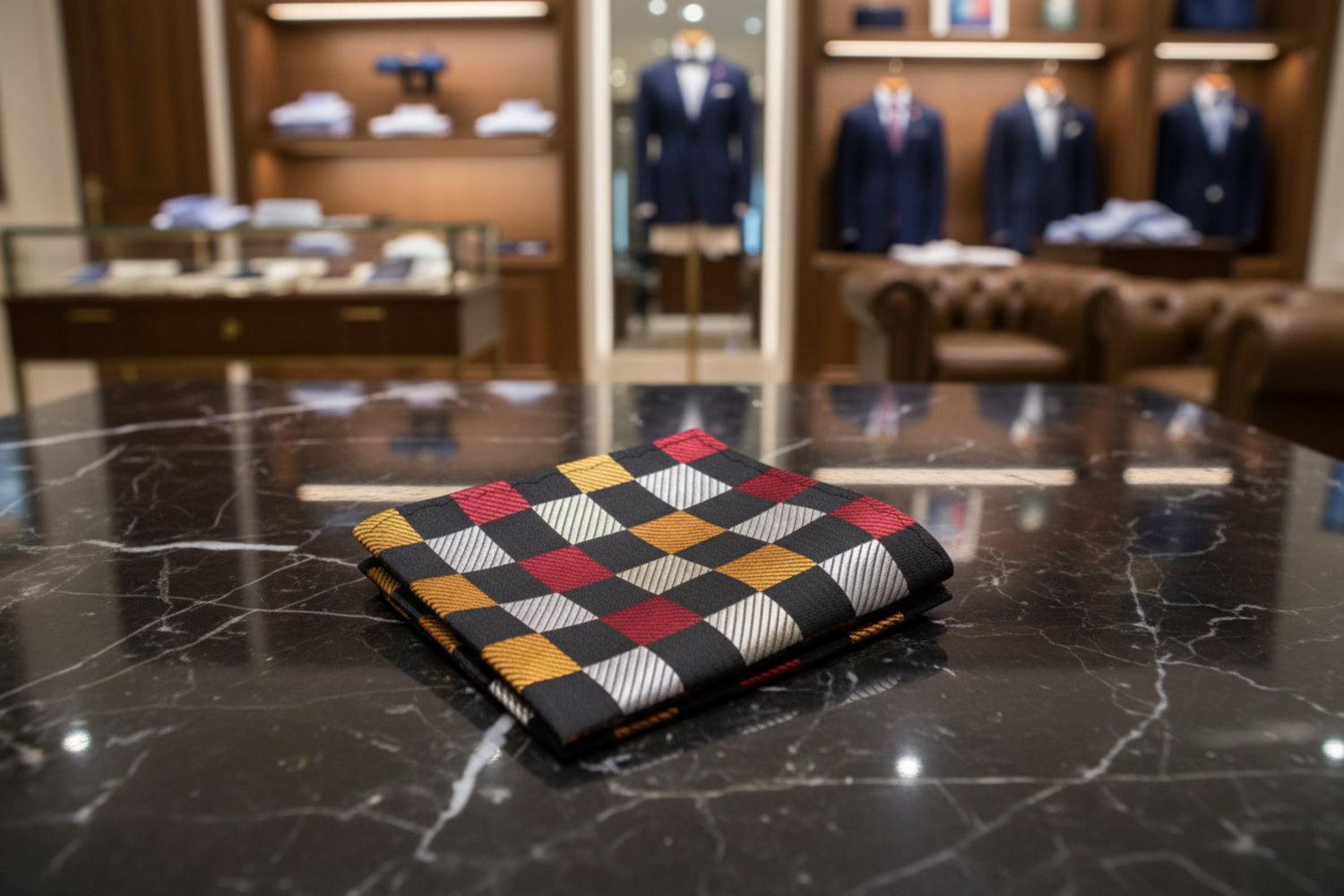 Black, Gold, Silver, Burgundy Check Pocket Square