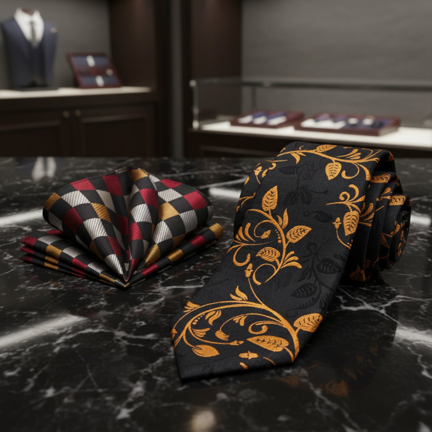 Alt View: Black and Gold Vines Tie with Black, Gold, Silver Burgundy Check Pocket Square