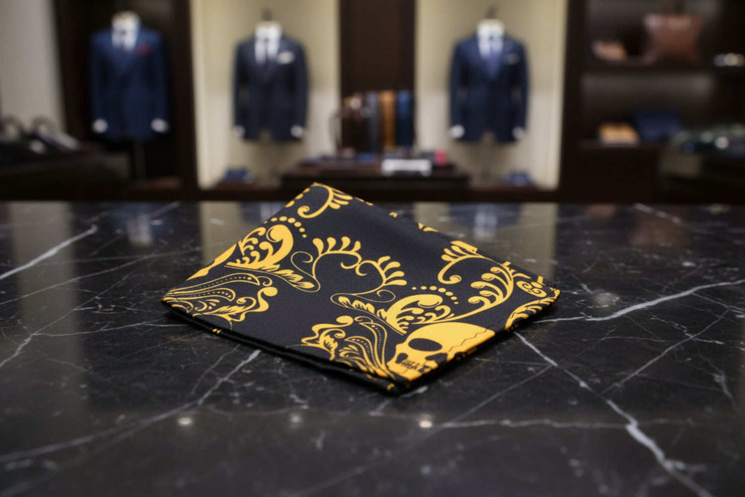 Black, Yellow Gold Skull Motif Pocket Square