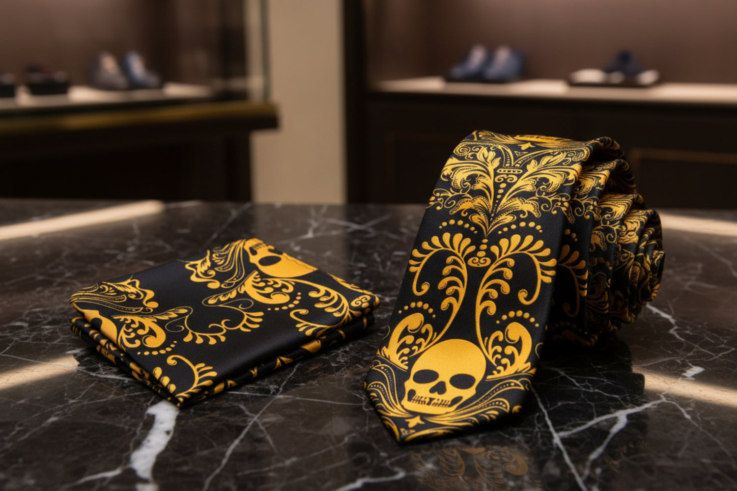 Alt View: Black and Yellow Gold Intricate Skull Tie and Pocket Square