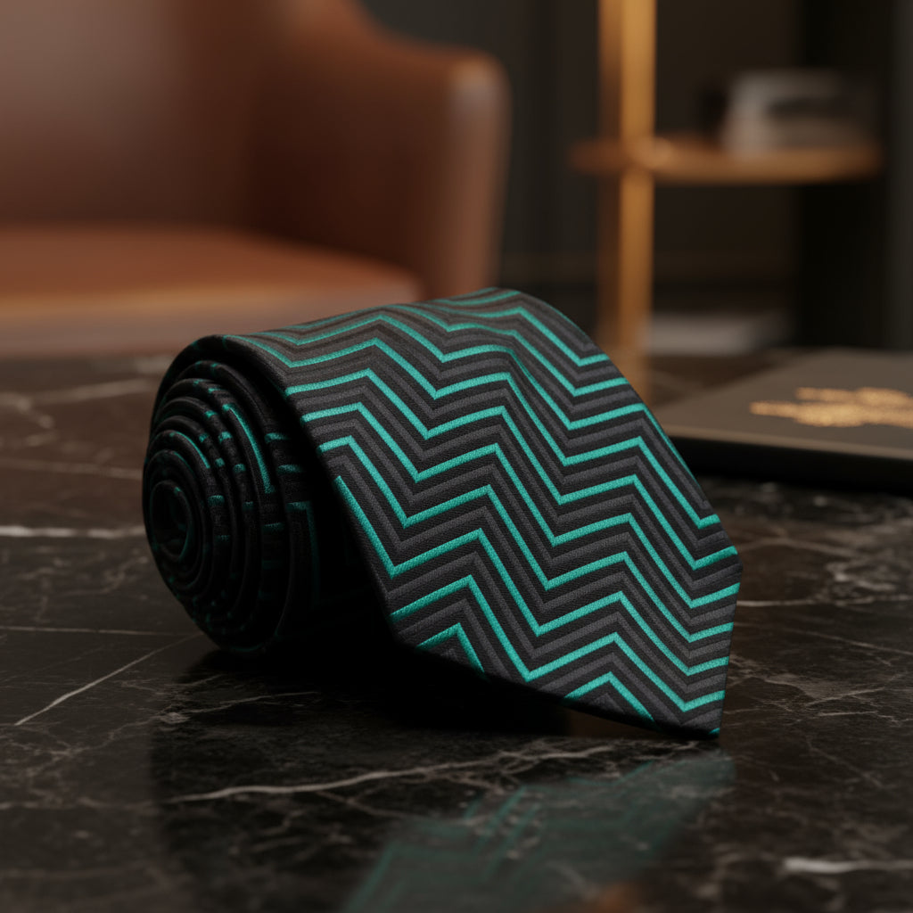 A Green, Black Geometric Pattern Necktie  