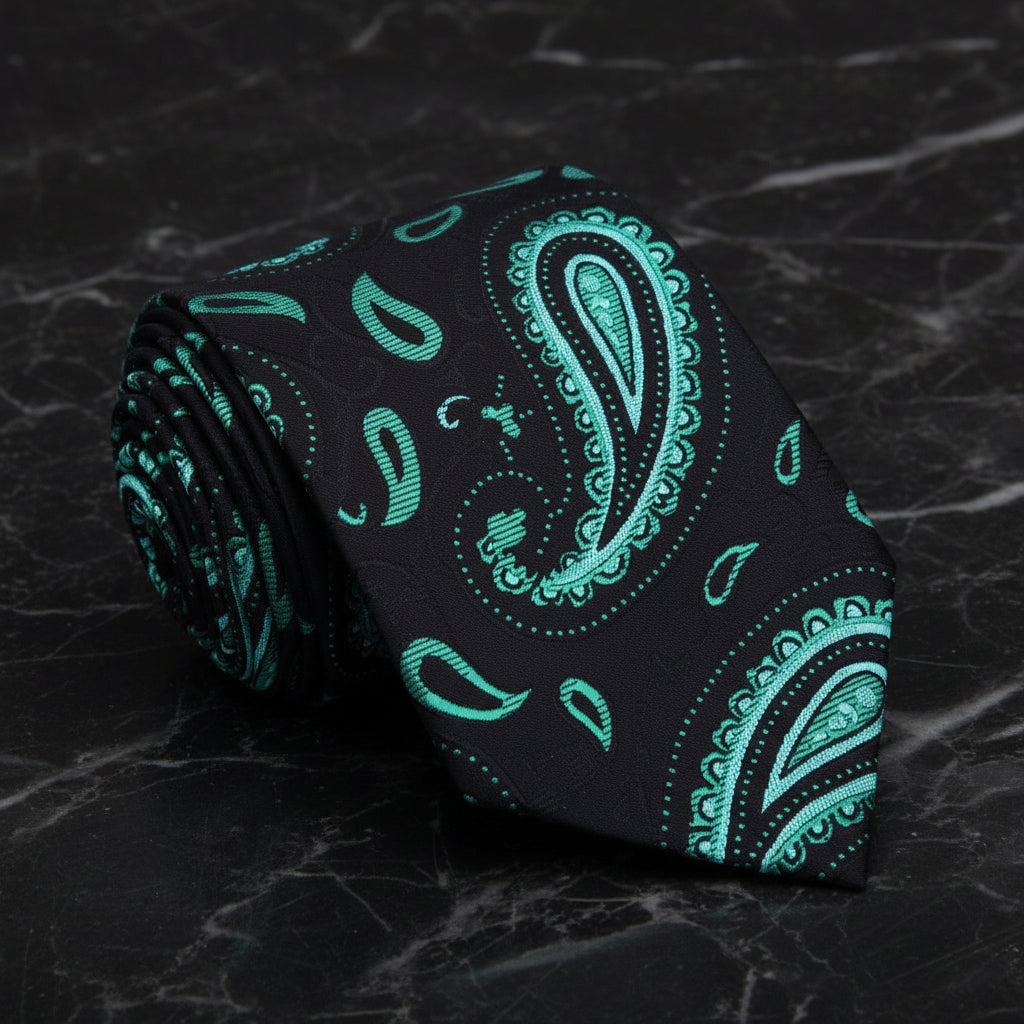 A Black, Green Color Paisley Pattern Necktie