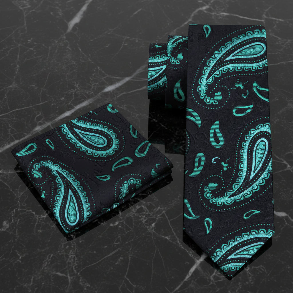 Alt View: A Black, Green Color Paisley Pattern Necktie, Matching Pocket Square