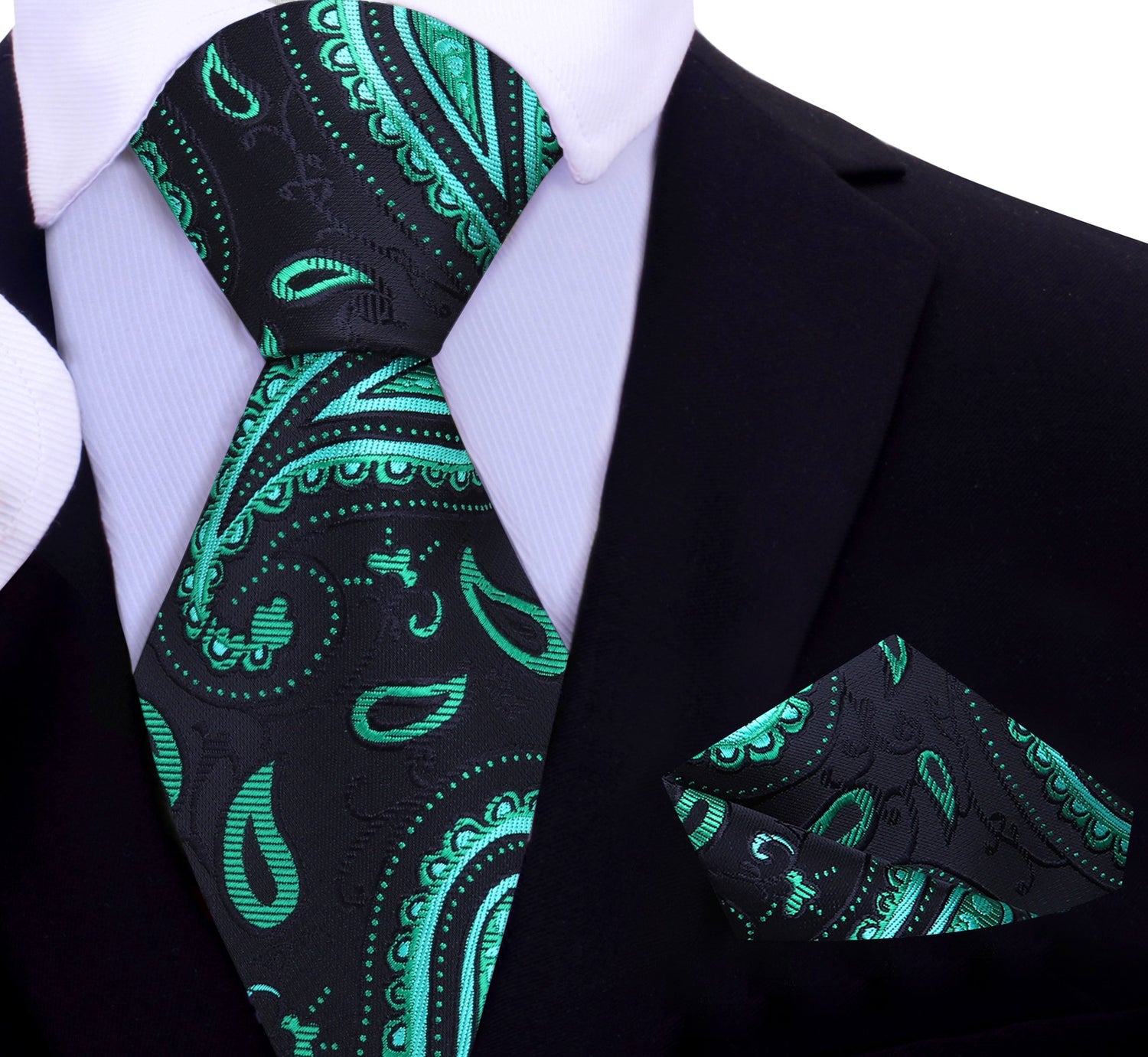 A Black, Green Color Paisley Pattern Silk Necktie, Matching Pocket Square
