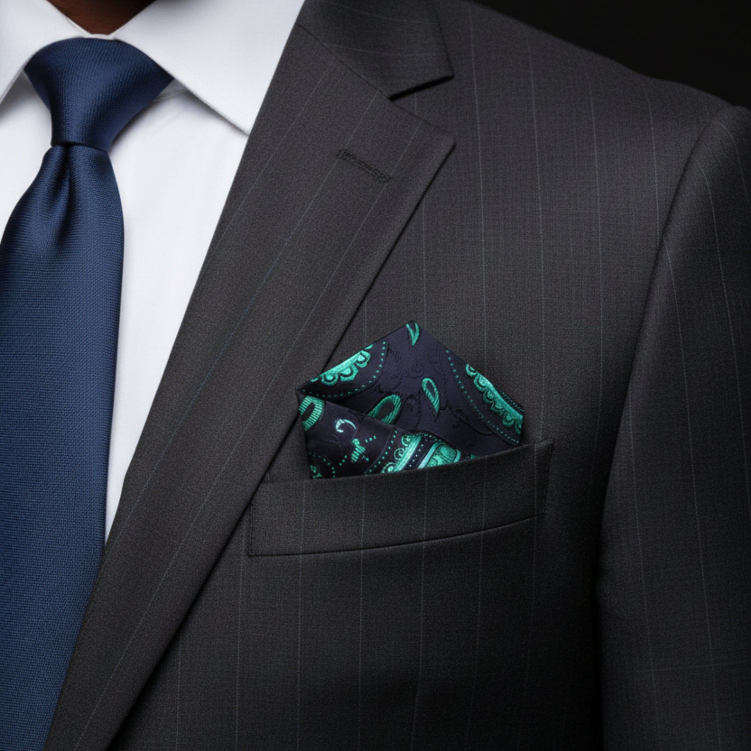 View 2: Black and Green Paisley Pocket Square