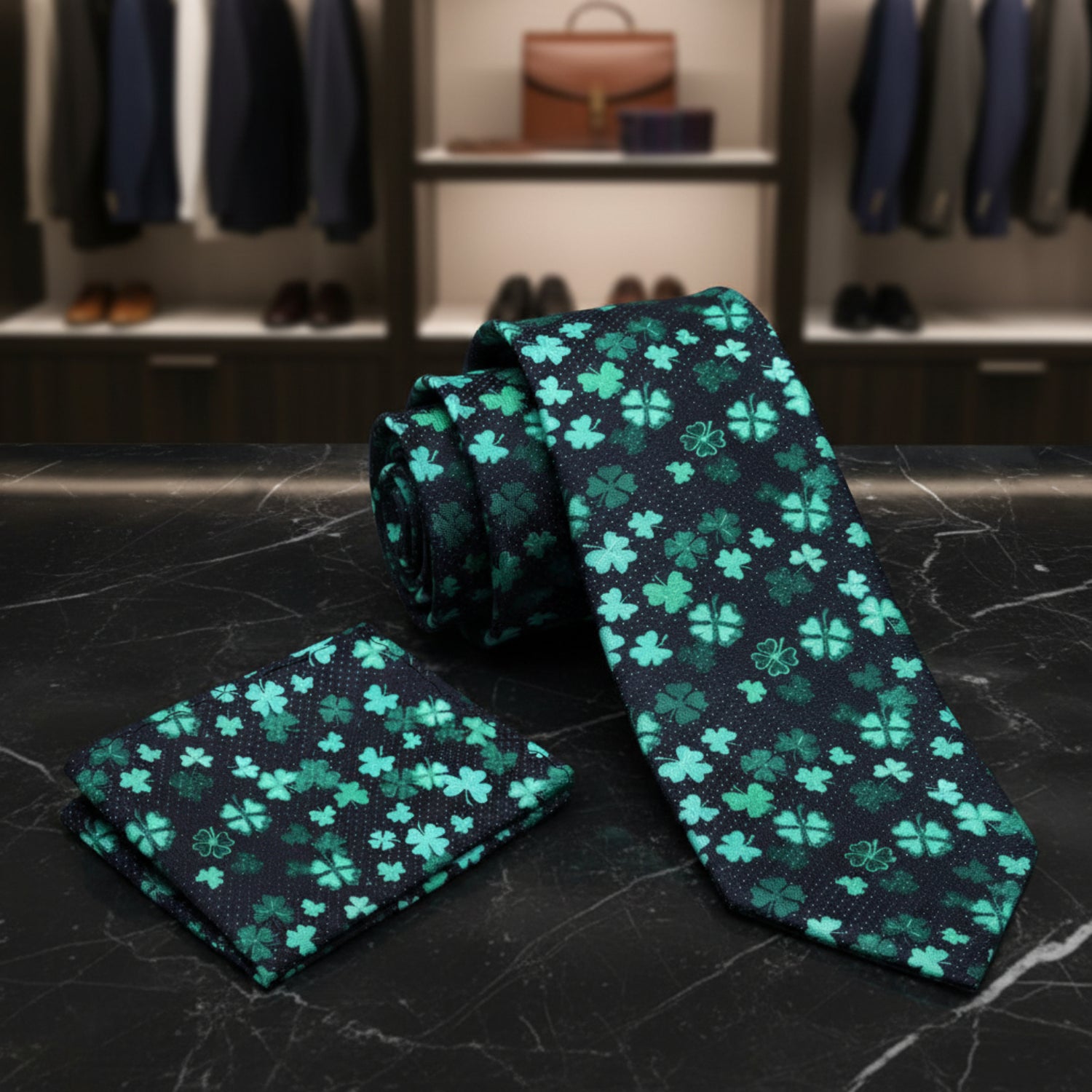 View 2:  Black Green Four Leaf Clovers Tie and Square
