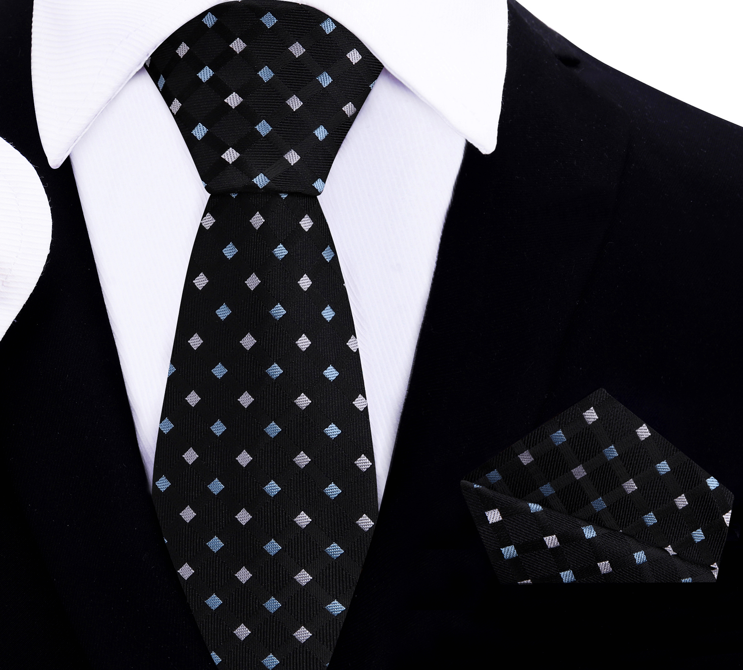 A Black, Light Blue, Light Grey Color Geometric Diamond Pattern Silk Thin Tie, Pocket Square