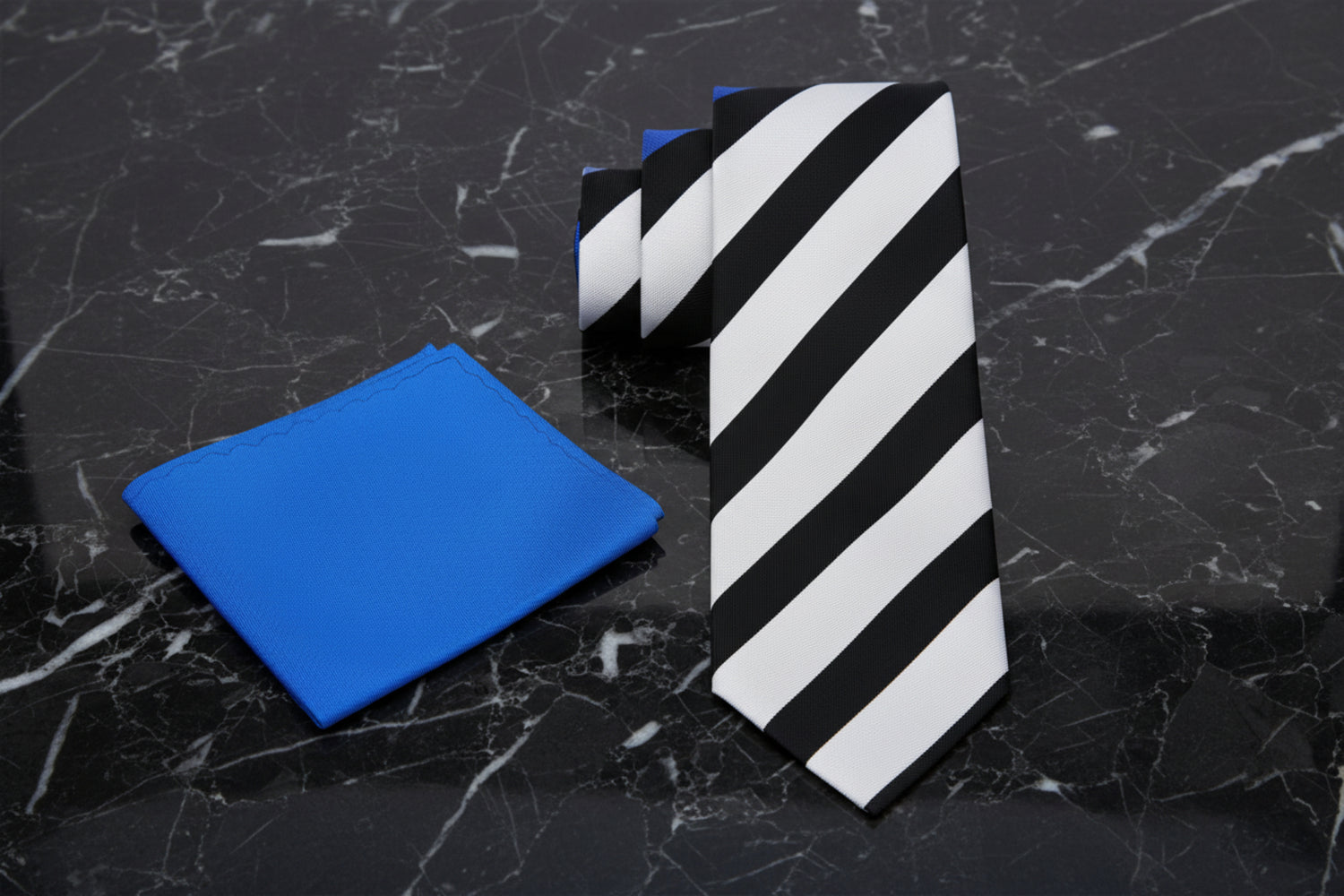 Alt view: Blue, Black, Grey Stripes and Stars Tie and Pocket Square