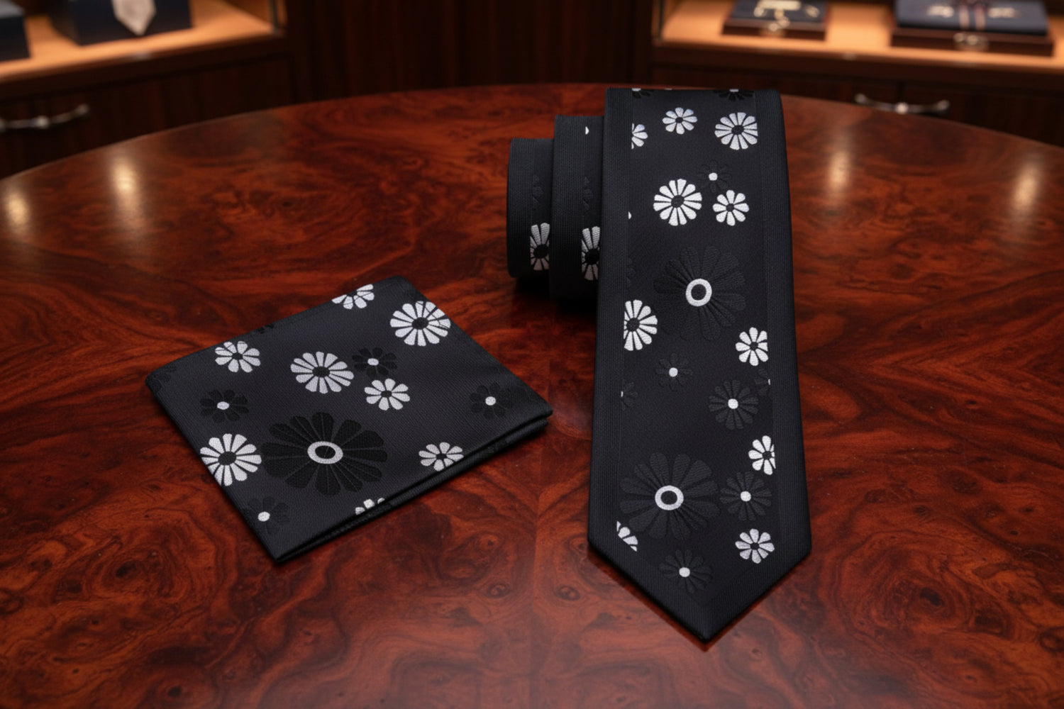 Alt View; Black, Grey Cactus Flower Tie