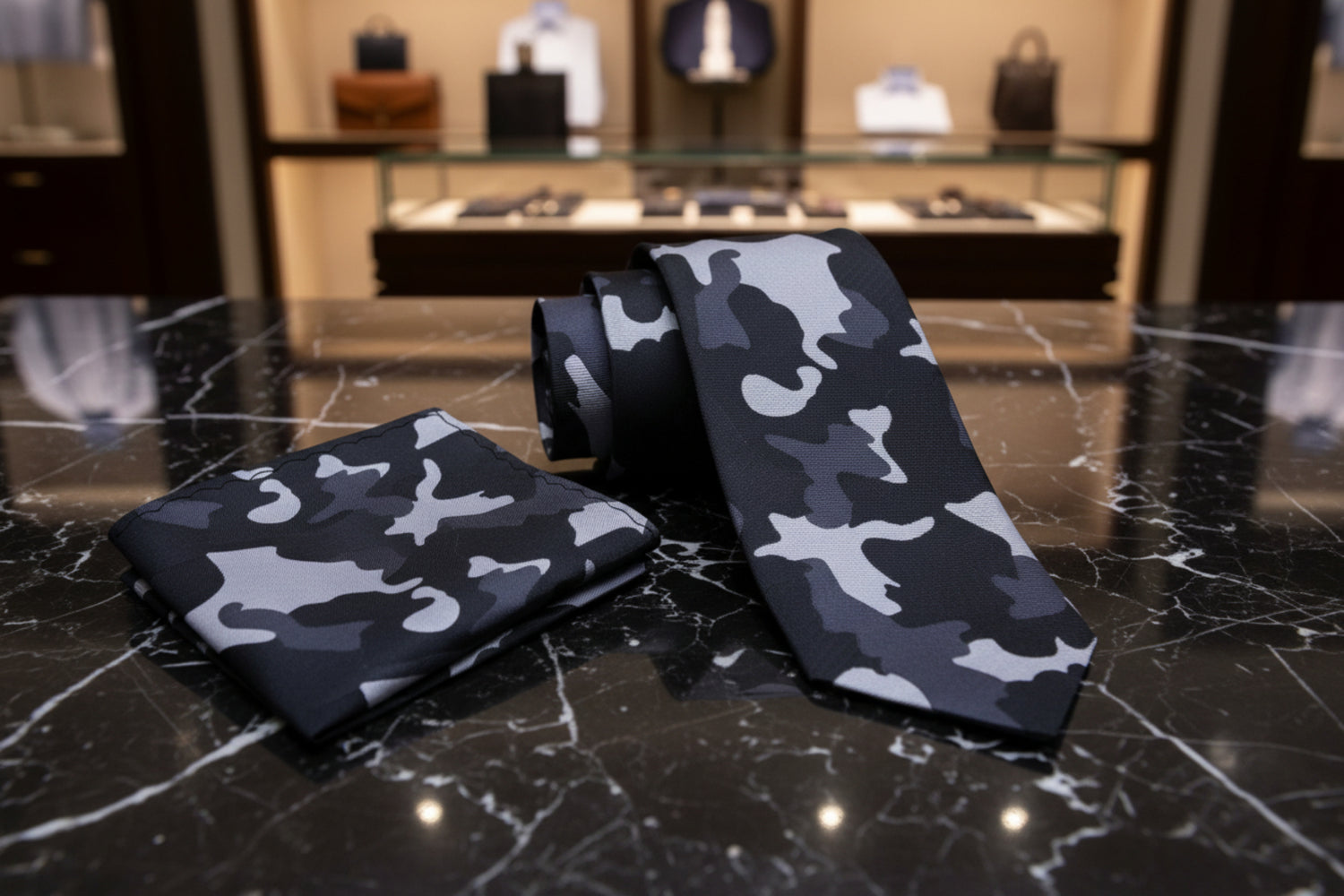 Alt View: A Grey, Dark Grey, Black Color Camouflage Fleck Pattern Necktie, Matching Pocket Square