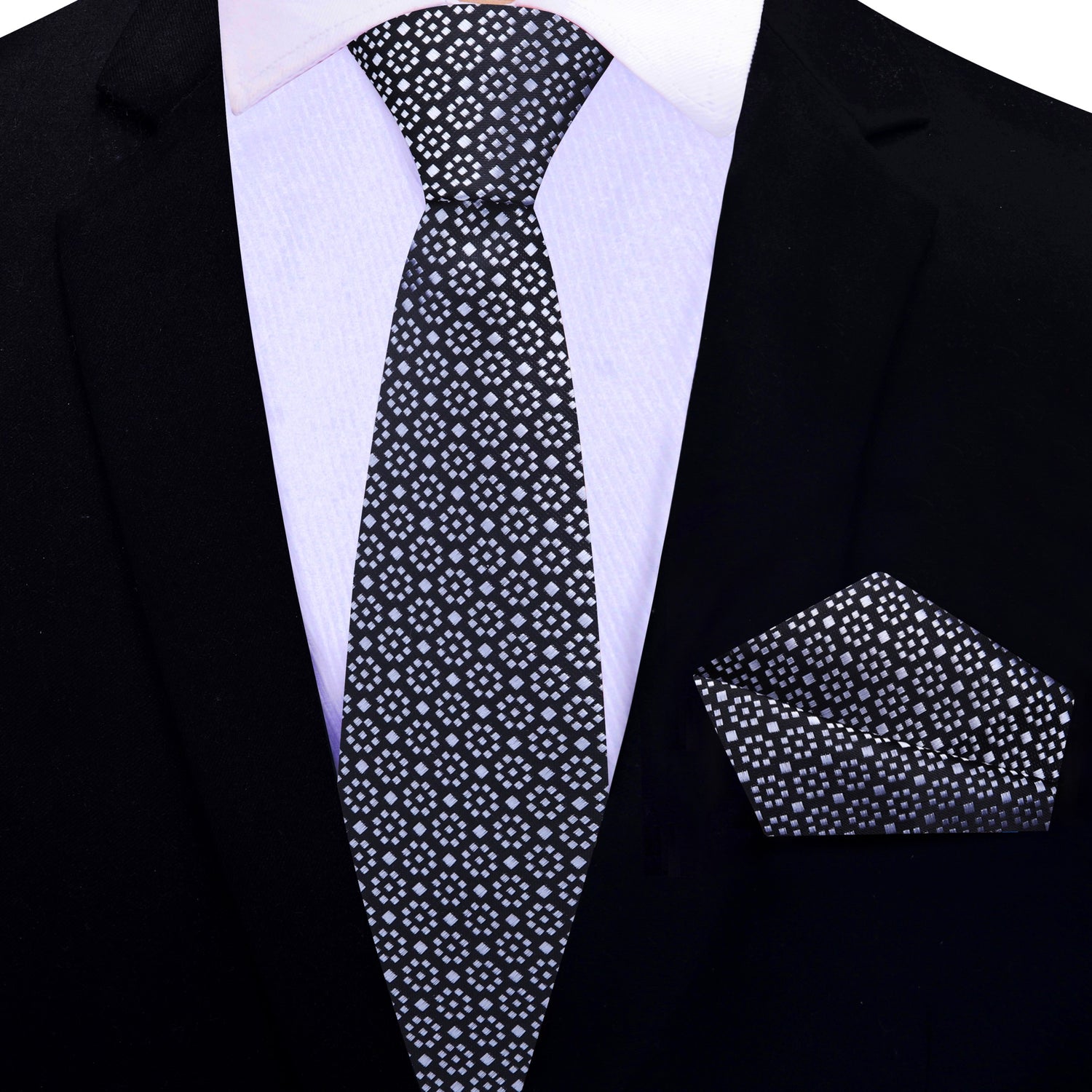 Black, Grey Geometric Thin Tie and Pocket Square