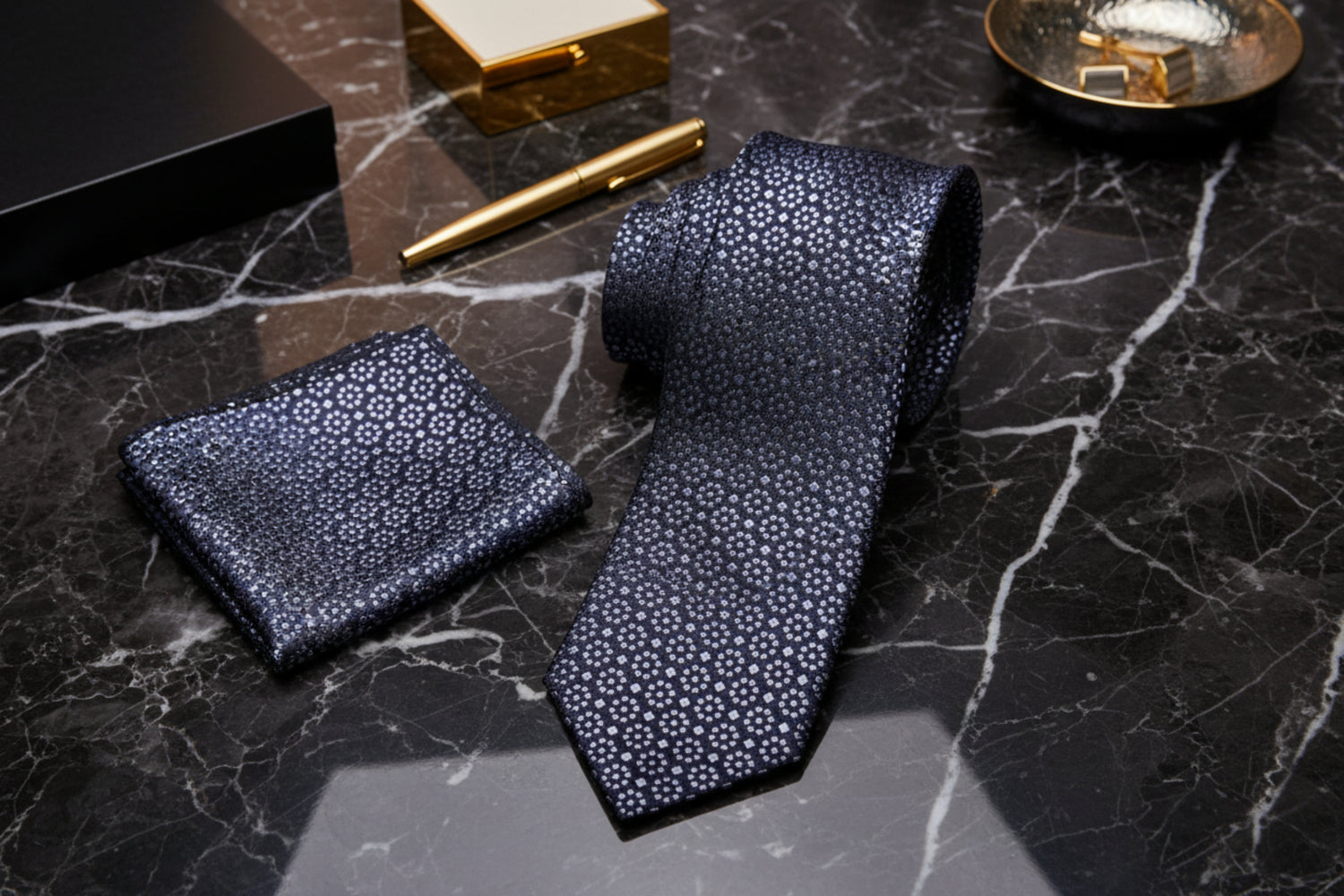 View 3: Black, Grey Geometric Tie and Pocket Square
